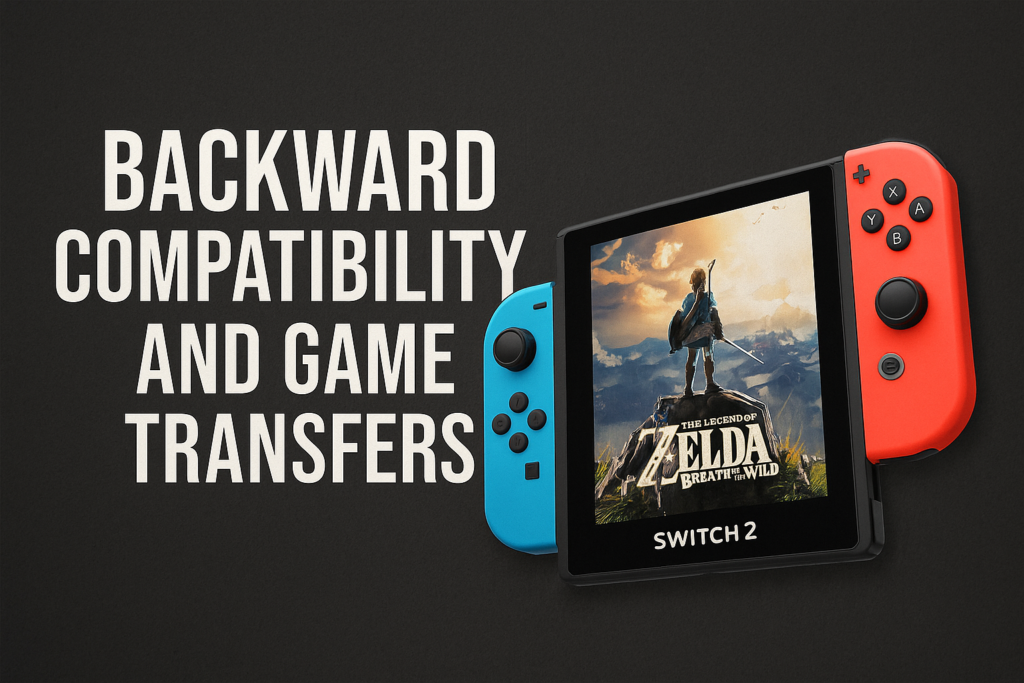 Nintendo Switch 2 with Zelda game screen showcasing backward compatibility and data transfer features.